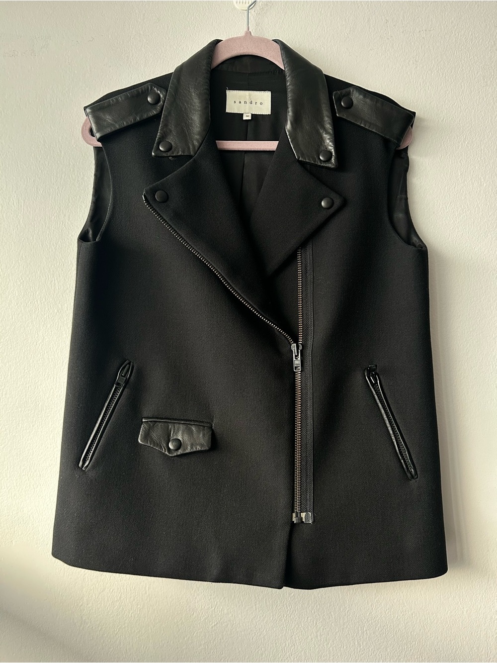 Sandro Black Leather-Trim Sleeveless Moto Vest